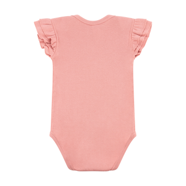 Pink baby onesie with ruffled sleeves on a white background