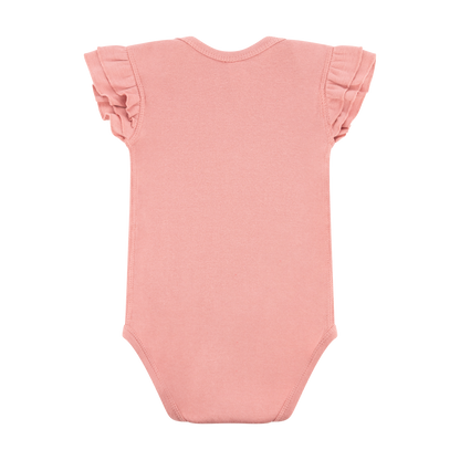 Pink baby onesie with ruffled sleeves on a white background