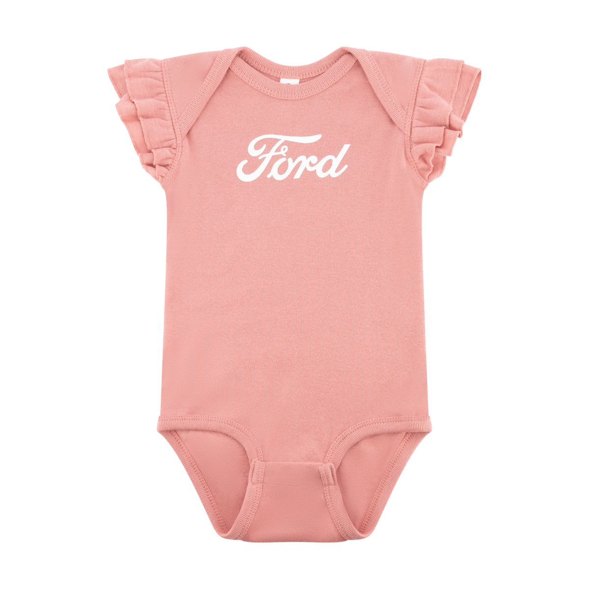 pink ford baby onesie with flutter shoulders