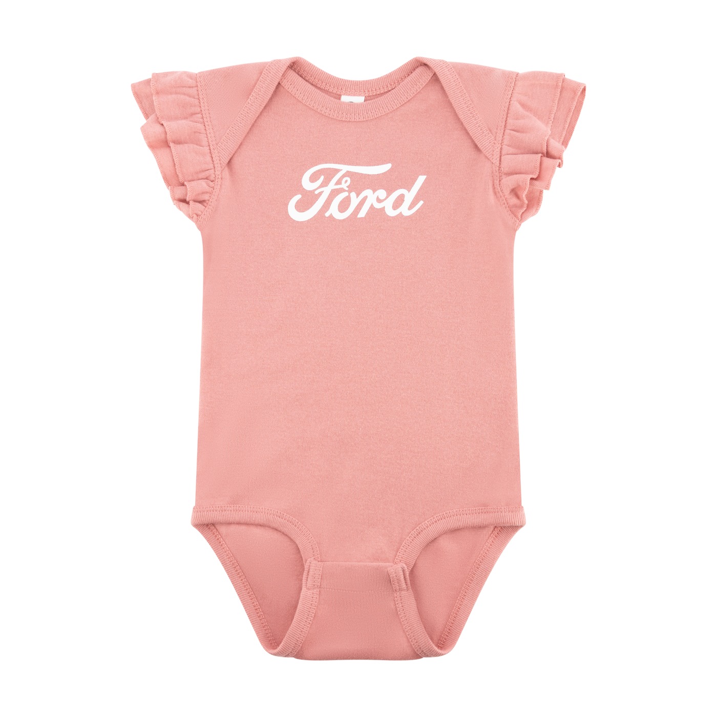 pink ford baby onesie with flutter shoulders