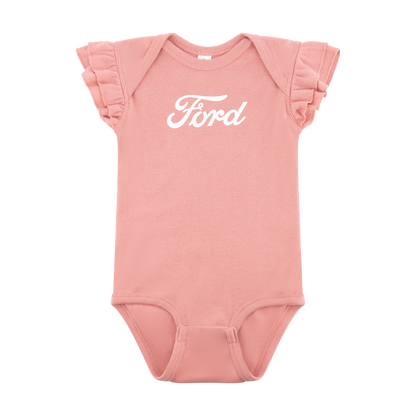 pink ford baby onesie with flutter shoulders