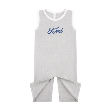 Gray baby romper with 'Ford' logo on a white background