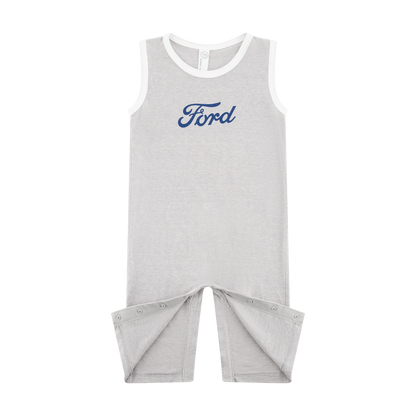Gray baby romper with 'Ford' logo on a white background