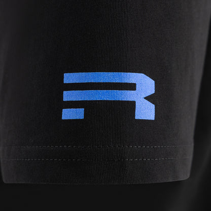 Black t-shirt with a blue Ford Racing logo on a black t shirt sleeve