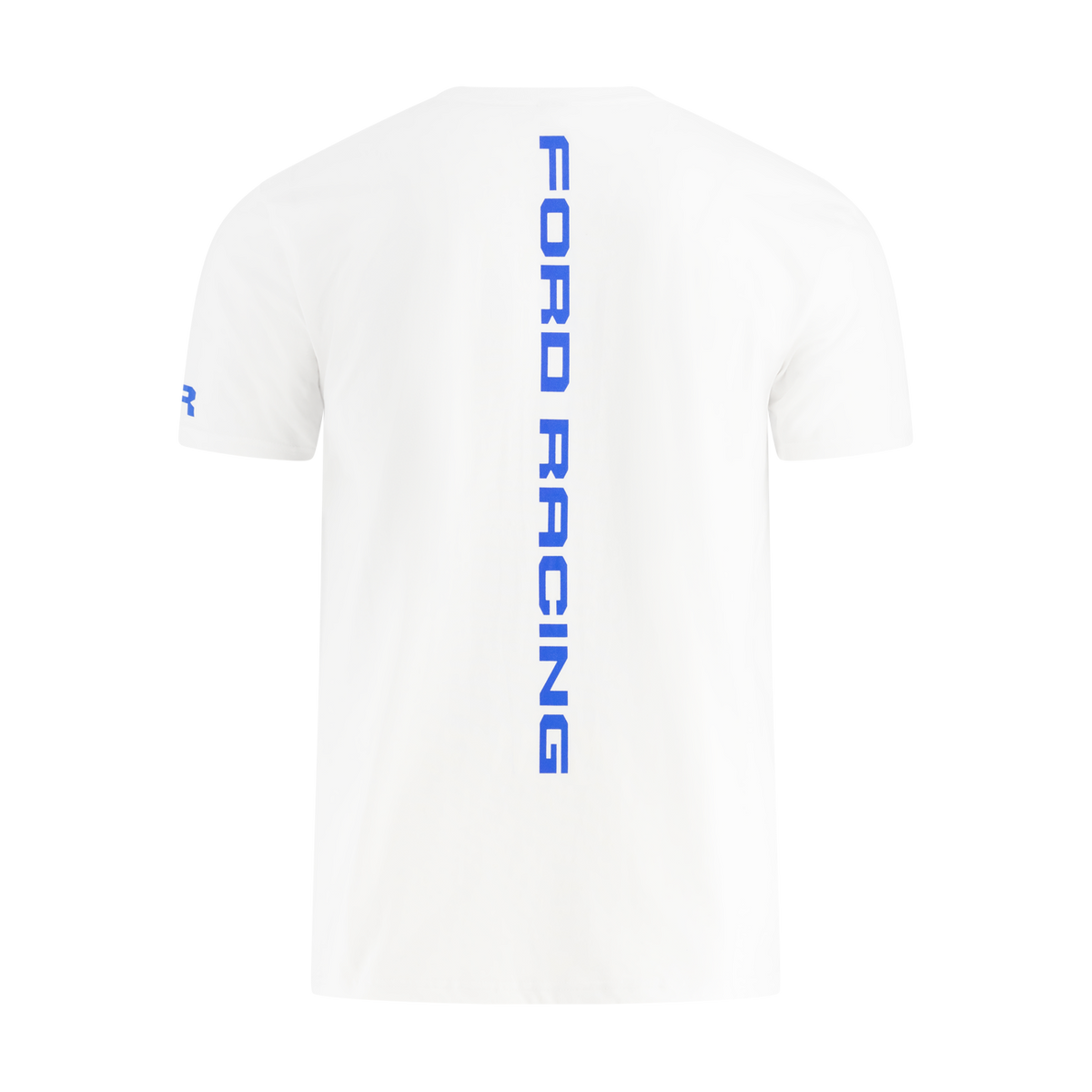 White t-shirt with blue 'Ford Racing' text on a white background