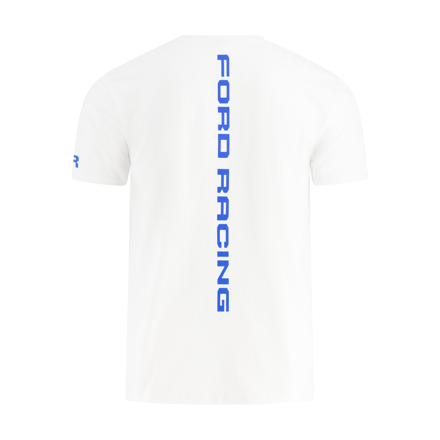 White t-shirt with blue 'Ford Racing' text on a white background