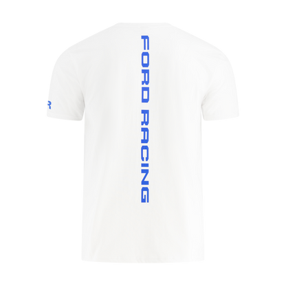 White t-shirt with blue 'Ford Racing' text on a white background