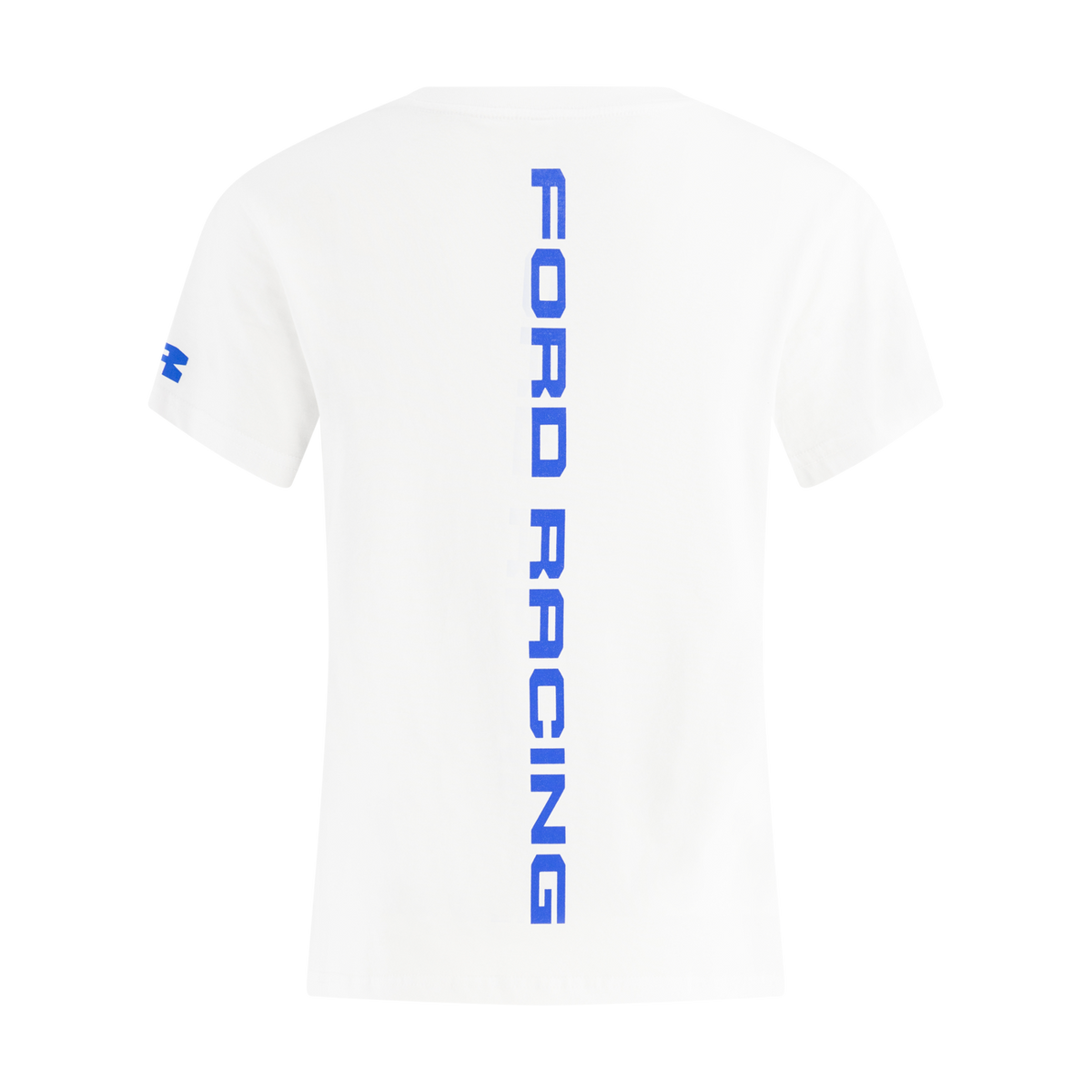 White t-shirt with blue 'Ford Racing' text on a white background