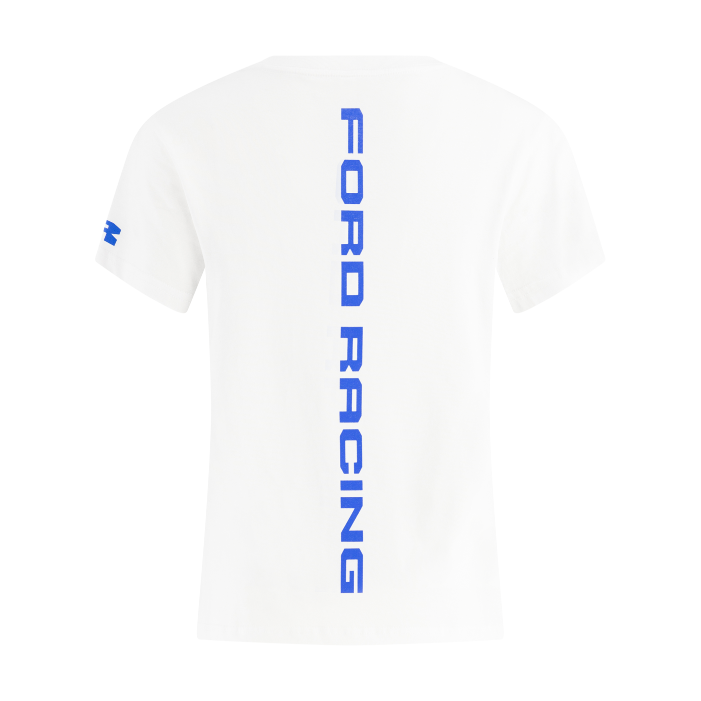 White t-shirt with blue 'Ford Racing' text on a white background