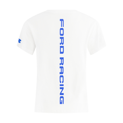 White t-shirt with blue 'Ford Racing' text on a white background
