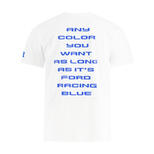 White t-shirt with blue text on a white background