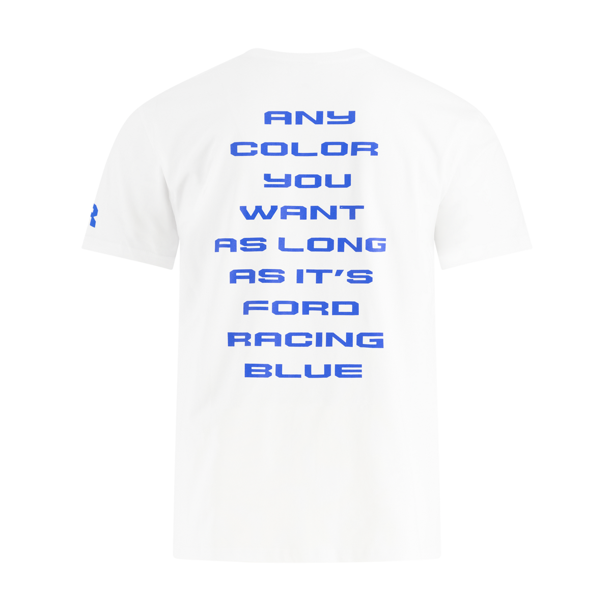 White t-shirt with blue text on a white background