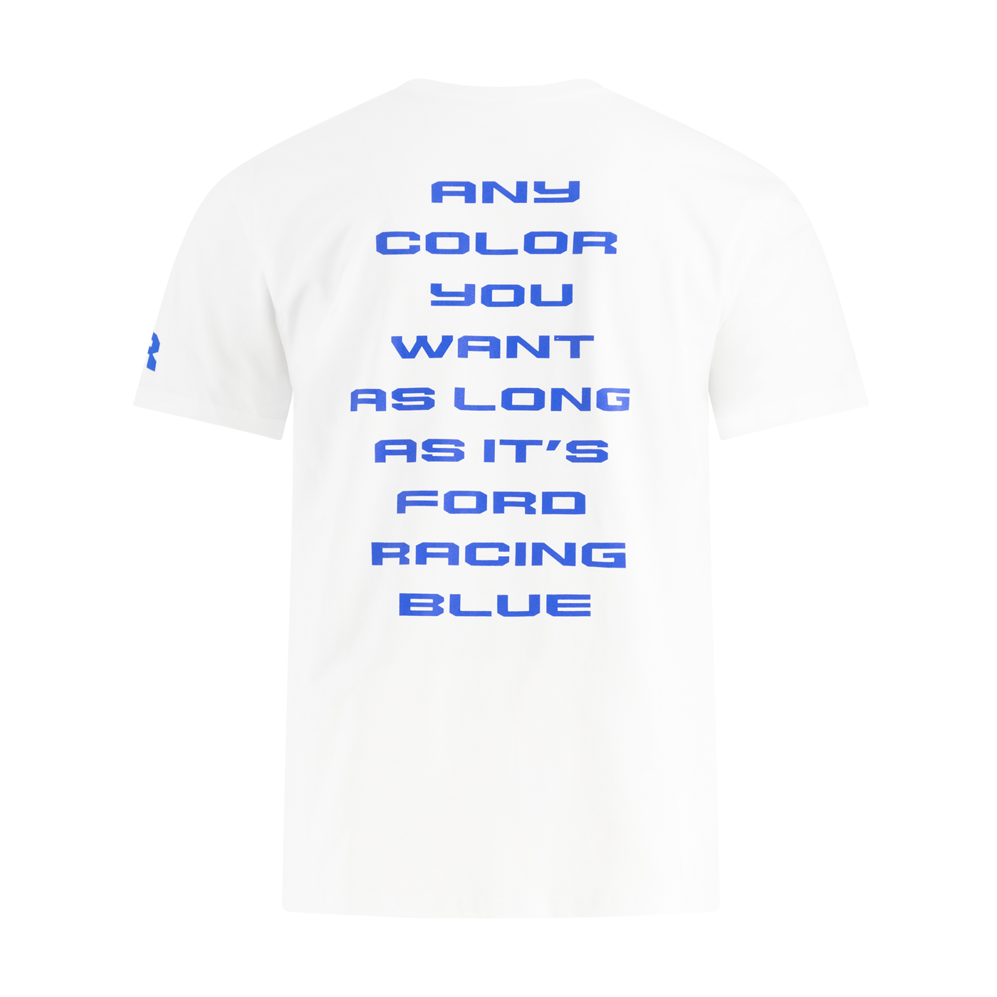 White t-shirt with blue text on a white background