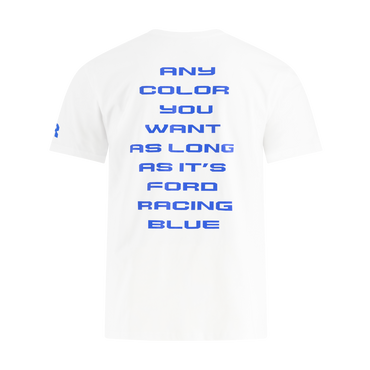 White t-shirt with blue text on a white background