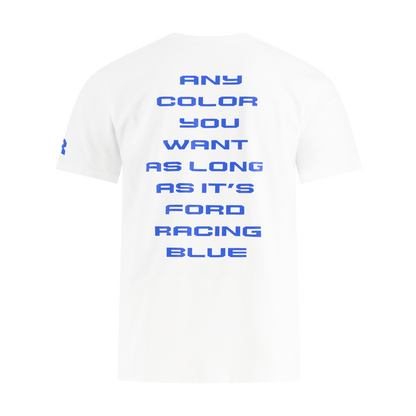 White t-shirt with blue text on a white background