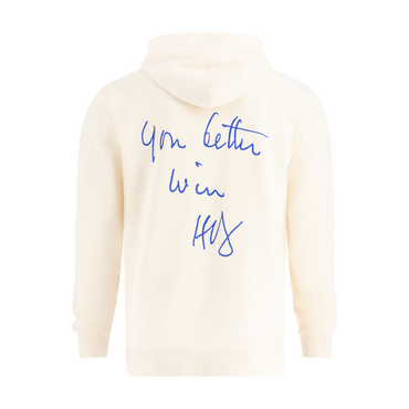 White hoodie with blue "You better win" text on a white background