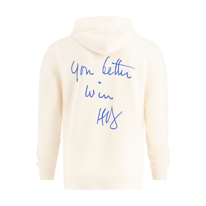 White hoodie with blue "You better win" text on a white background