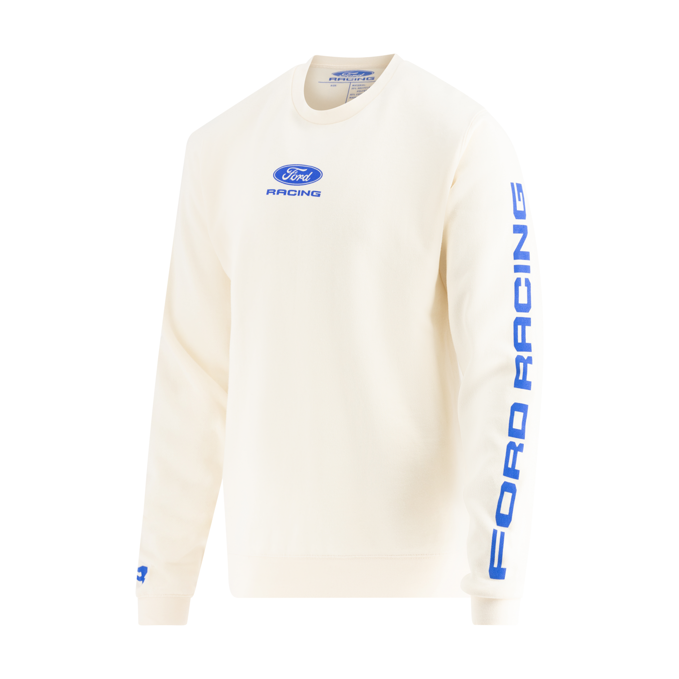 White long-sleeve shirt with Ford Racing logo and text on a white background