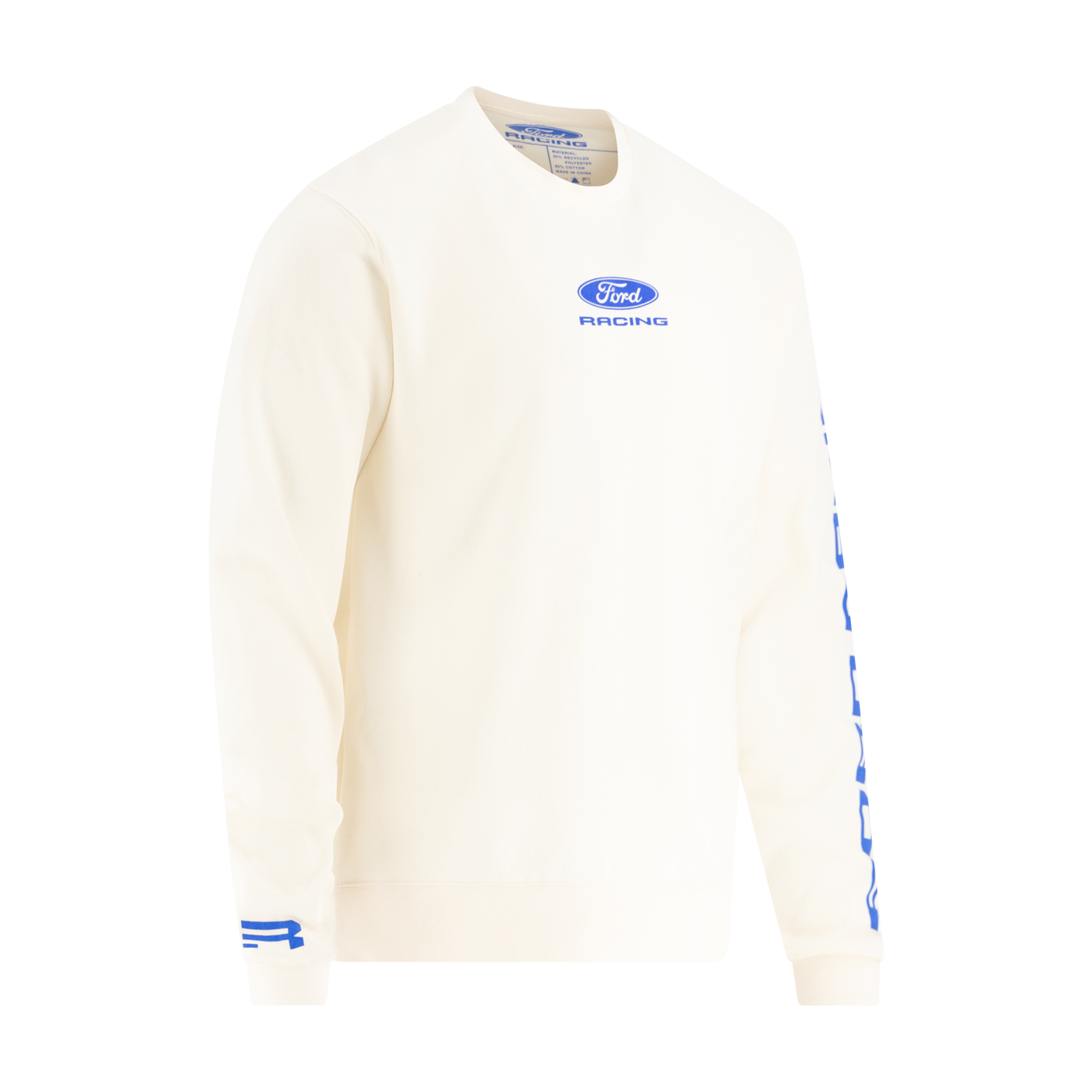 White sweatshirt with Ford Racing logo on a white background
