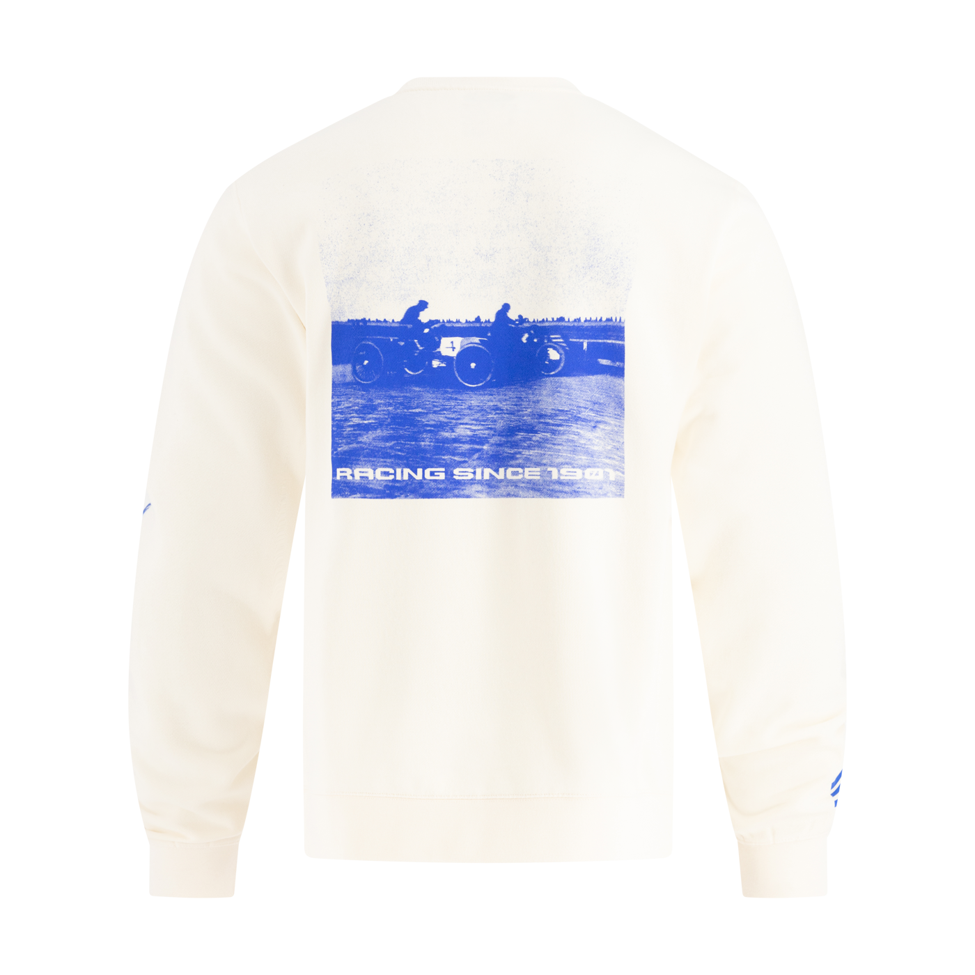 White sweatshirt with blue graphic of people racing and text 'Racing Since 1950' on a white background