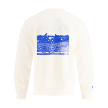 White sweatshirt with blue graphic of people racing and text 'Racing Since 1950' on a white background