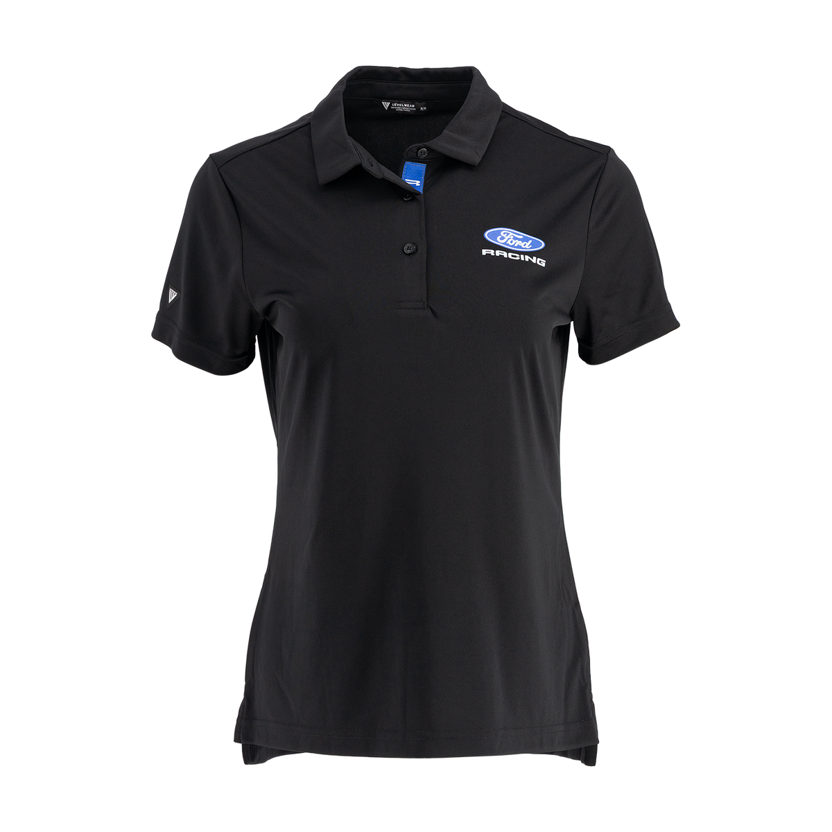 black womens polo with fors racing logo