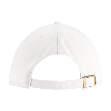 White cap with a gold buckle on a white background
