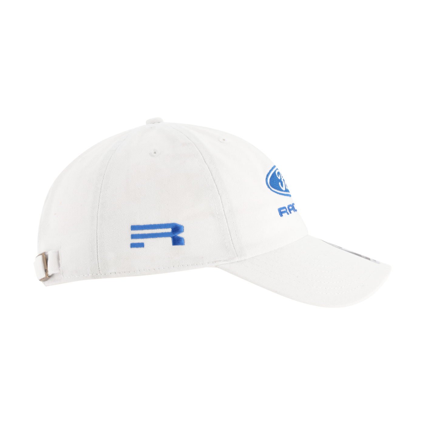 White cap with blue logos on a white background