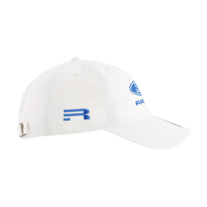 White cap with blue logos on a white background