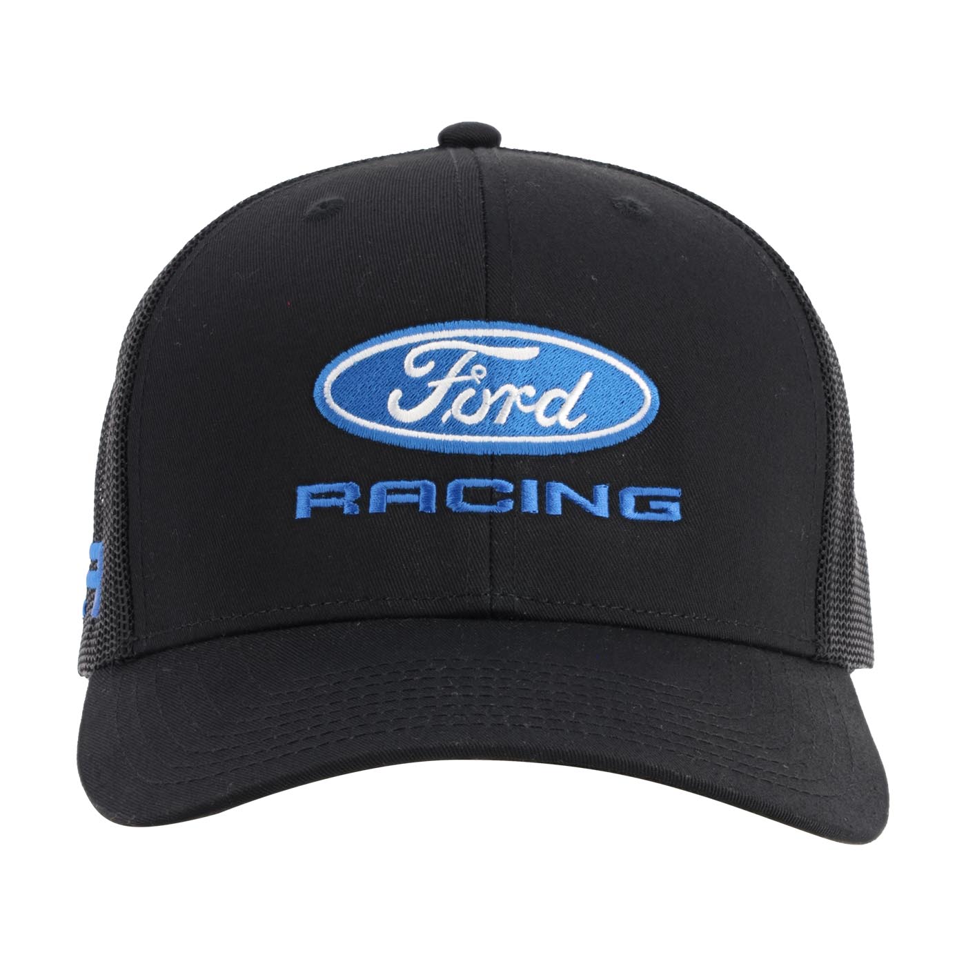 Black Ford Racing cap with blue logo on a white background