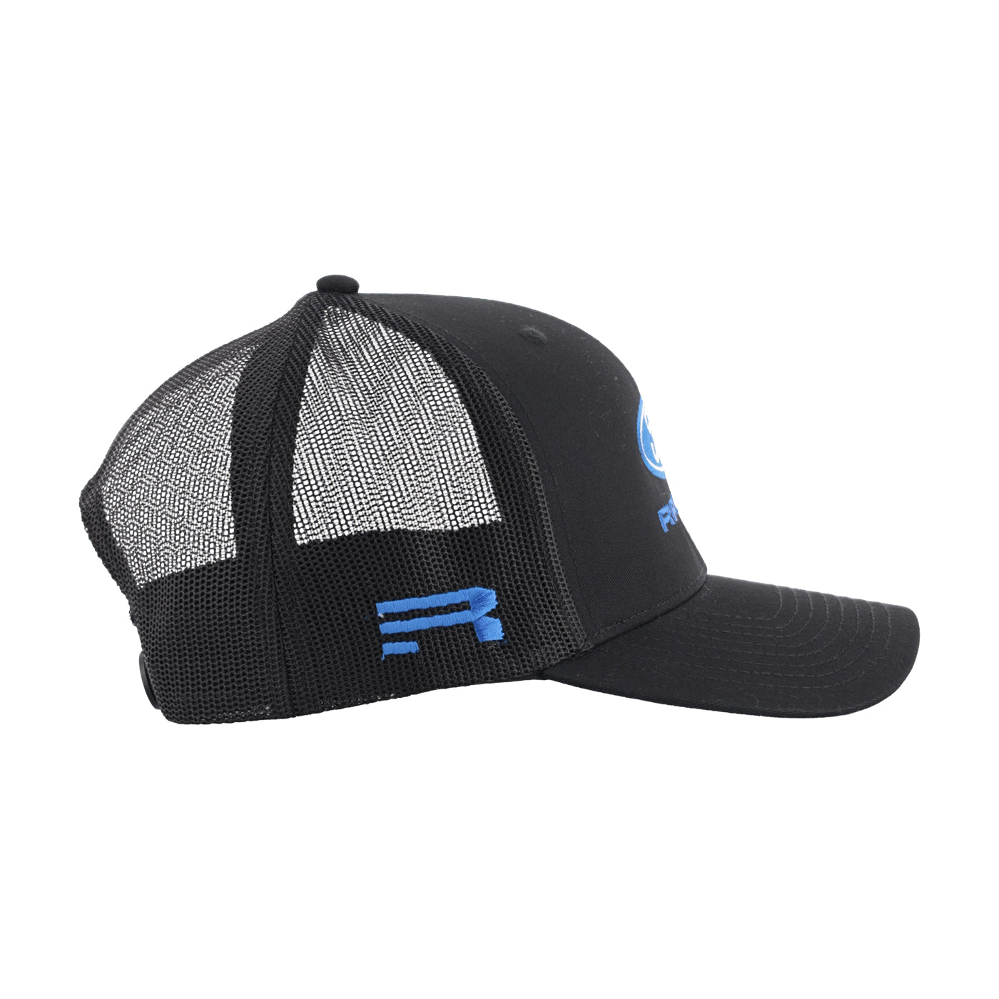 Black mesh cap with blue logo on a white background