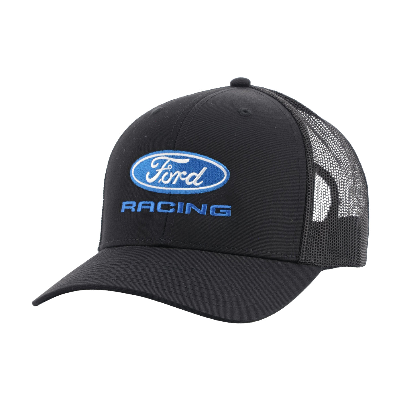 Black Ford Racing cap with mesh back on a white background