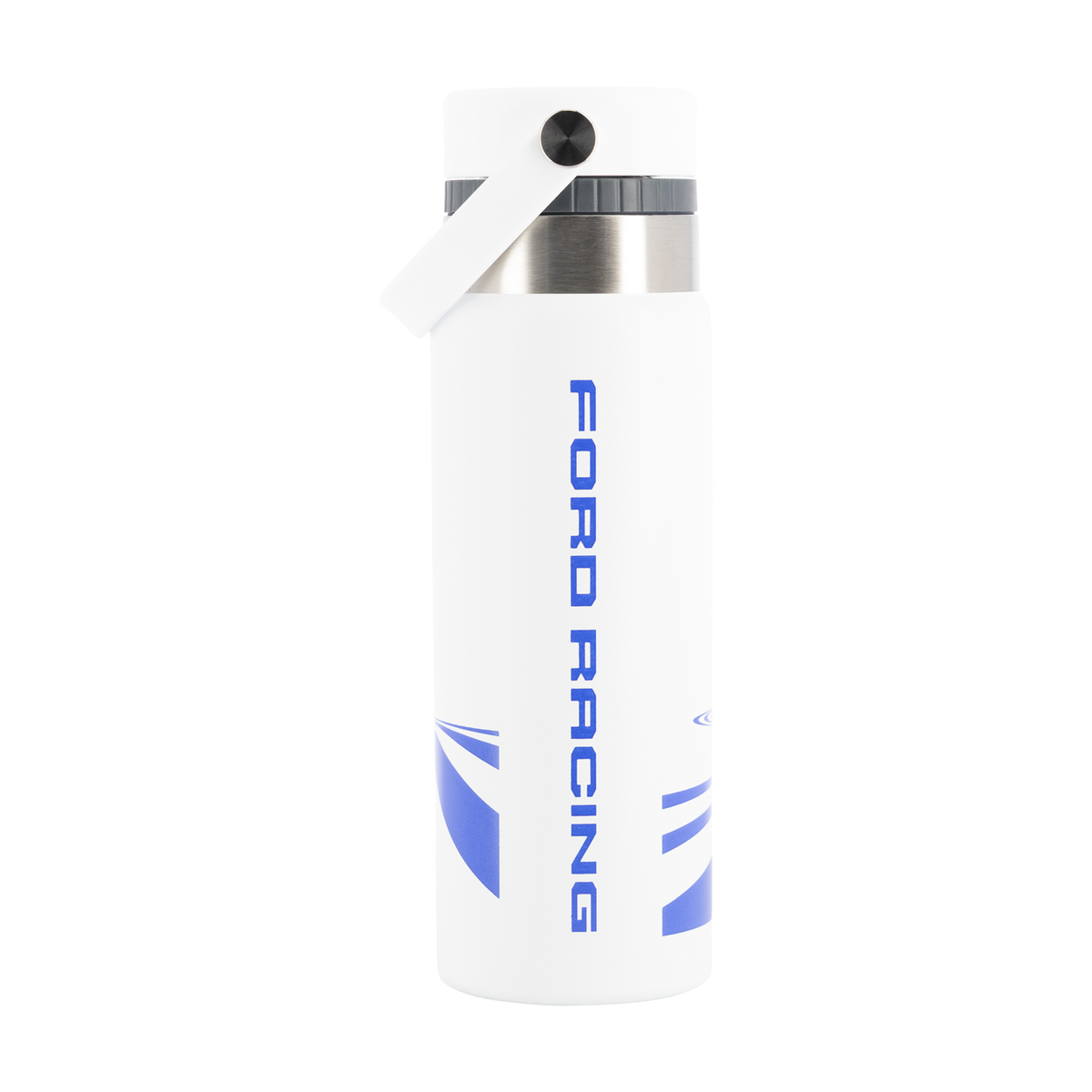 White water bottle with blue 'Ford Racing' text on a white background
