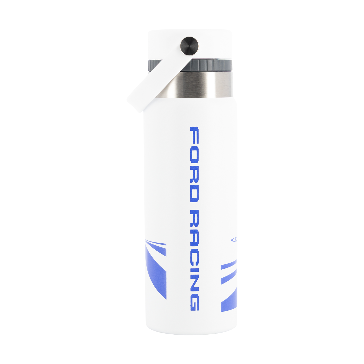 White water bottle with blue 'Ford Racing' text on a white background