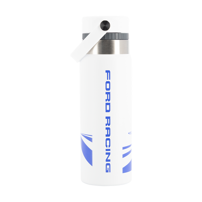 White water bottle with blue 'Ford Racing' text on a white background