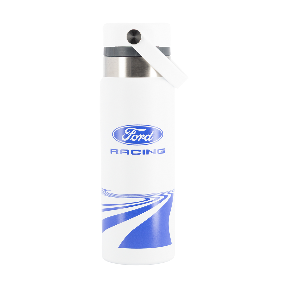 White water bottle with blue accents and Ford Racing logo on a white background