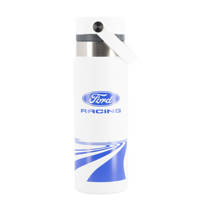 White water bottle with blue accents and Ford Racing logo on a white background