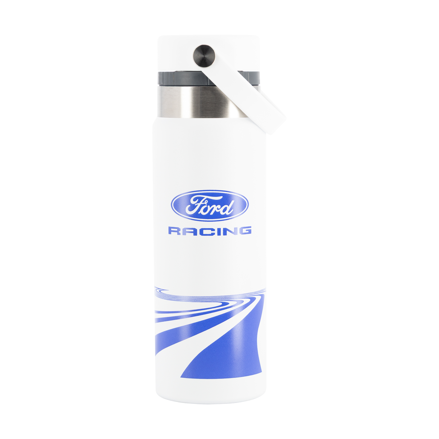White water bottle with blue accents and Ford Racing logo on a white background
