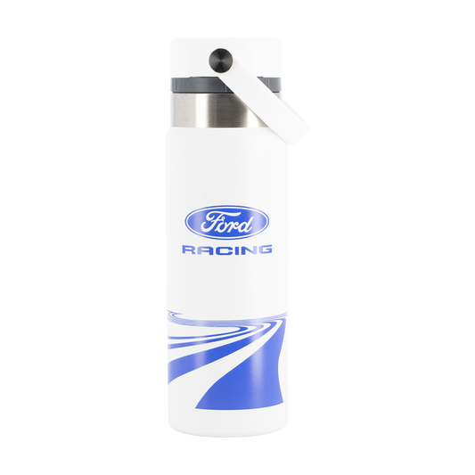White water bottle with blue accents and Ford Racing logo on a white background