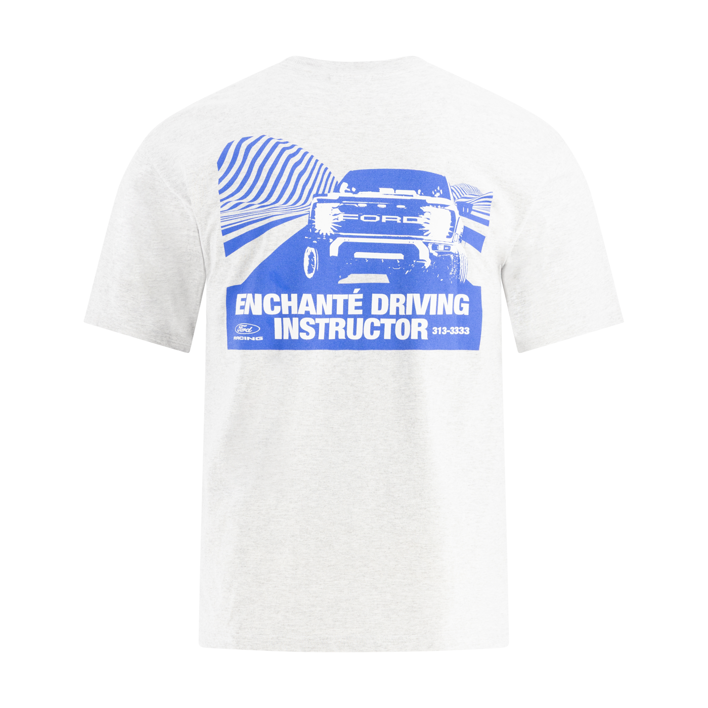 White t-shirt with blue graphic and text Enchante driving instructor on a white background