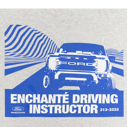 Gray sweatshirt with blue Ford graphic and text 'Enchanté Driving Instructor' on a white background