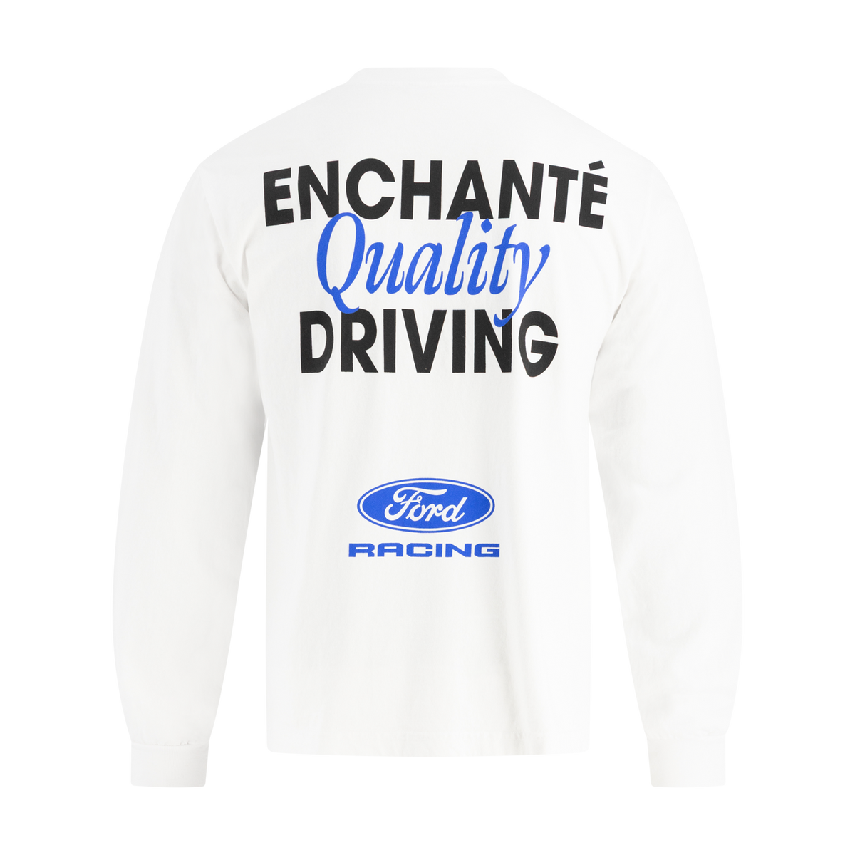 White long-sleeve shirt with 'Enchante Quality Driving' text and Ford Racing logo on a white background