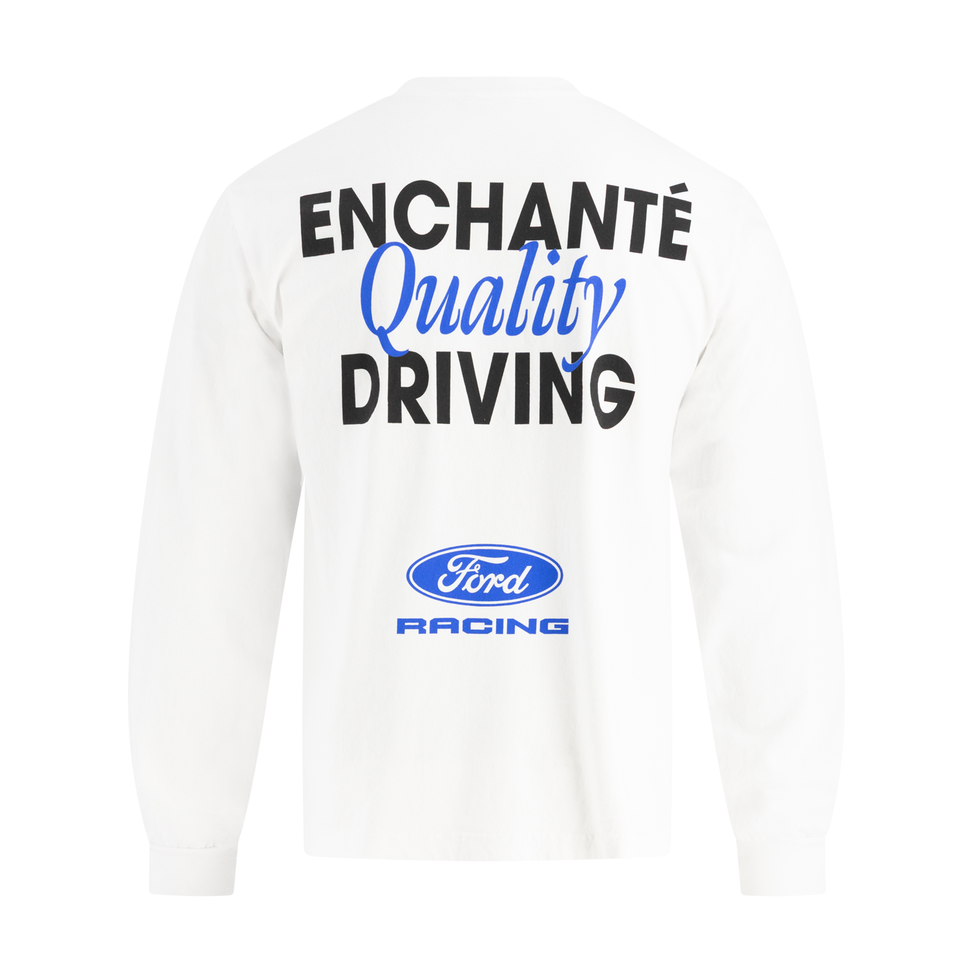 White long-sleeve shirt with 'Enchante Quality Driving' text and Ford Racing logo on a white background