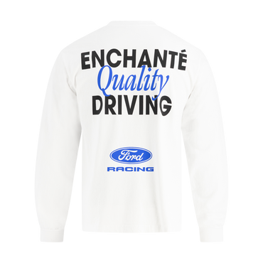 White long-sleeve shirt with 'Enchante Quality Driving' text and Ford Racing logo on a white background