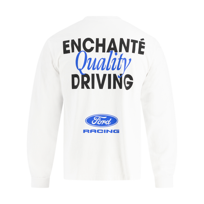 White long-sleeve shirt with 'Enchante Quality Driving' text and Ford Racing logo on a white background
