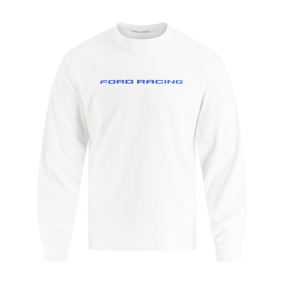 White long-sleeve shirt with 'Ford Racing' text on a white background