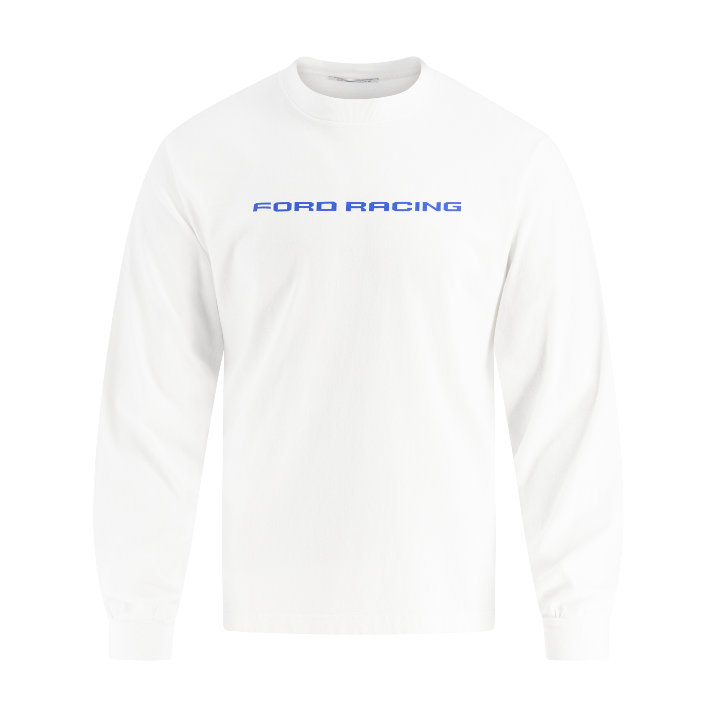 White long-sleeve shirt with 'Ford Racing' text on a white background