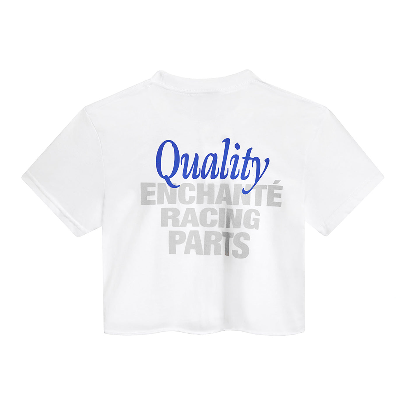 white crop top with quality enchante racing parts in blue and silver text