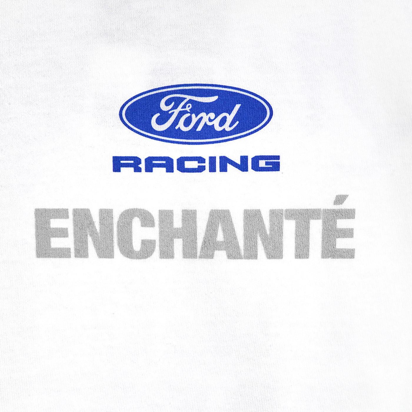 Ford racing and enchante blue and silver text on white background