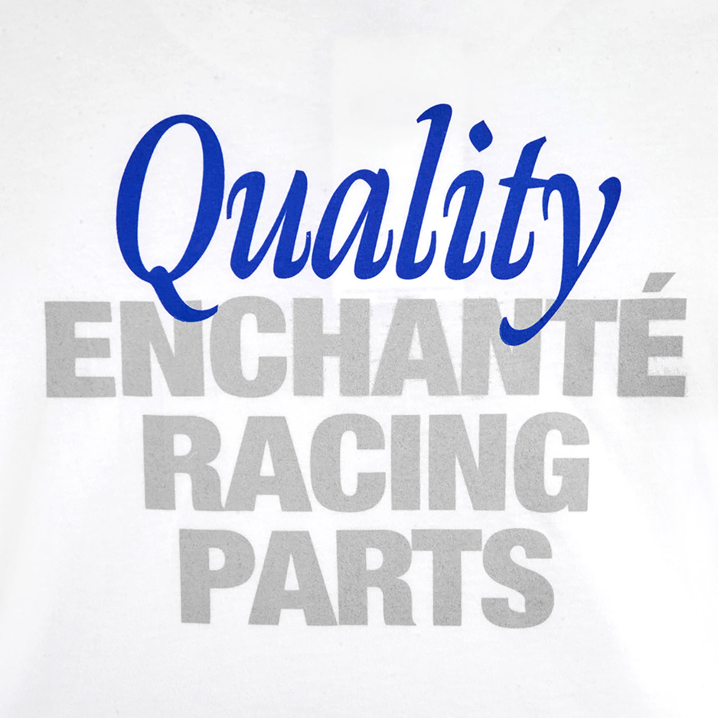 Quality enchante racing parts in blue and silver text on white background